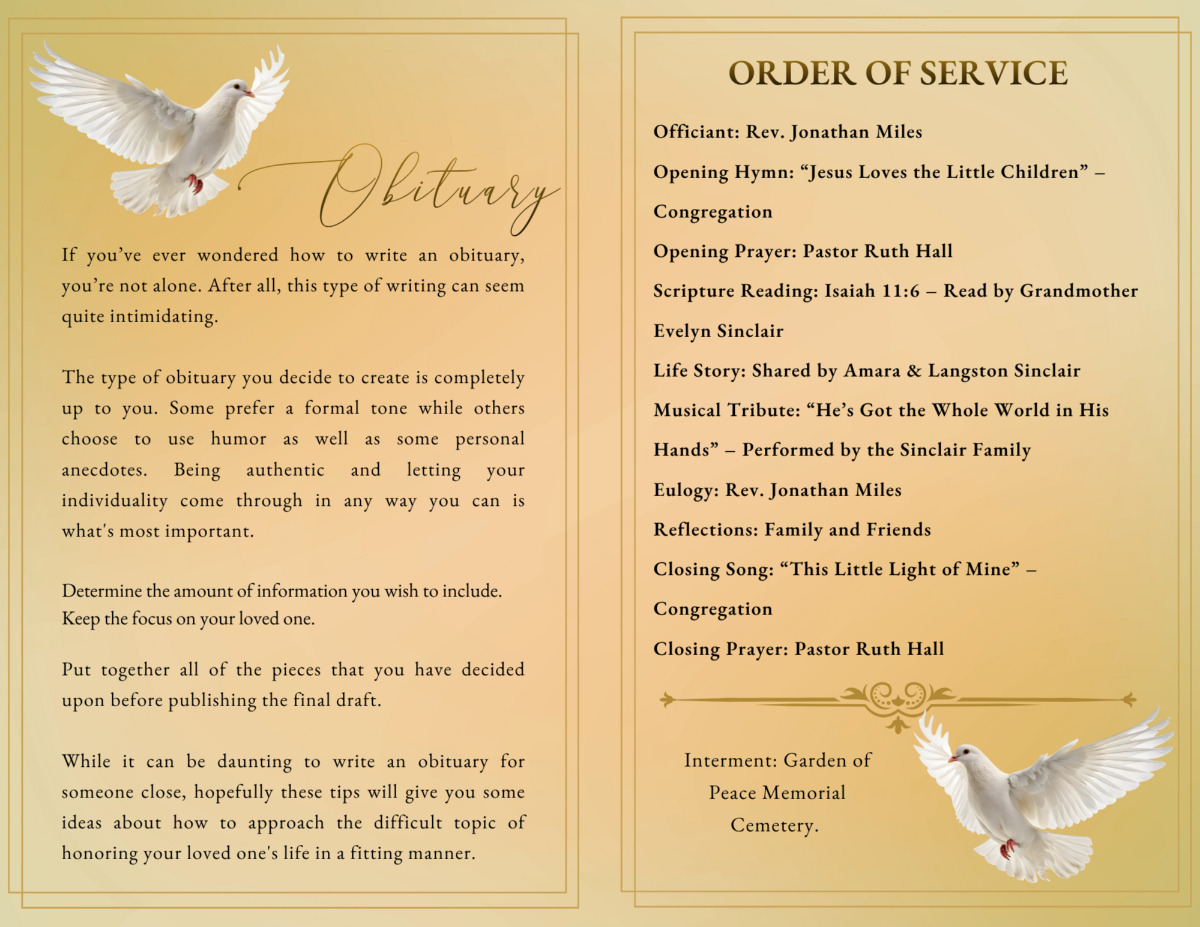 Interior pages displaying obituary text and order of service, styled with warm tones and gentle spacing for a calm, comforting reading experience.