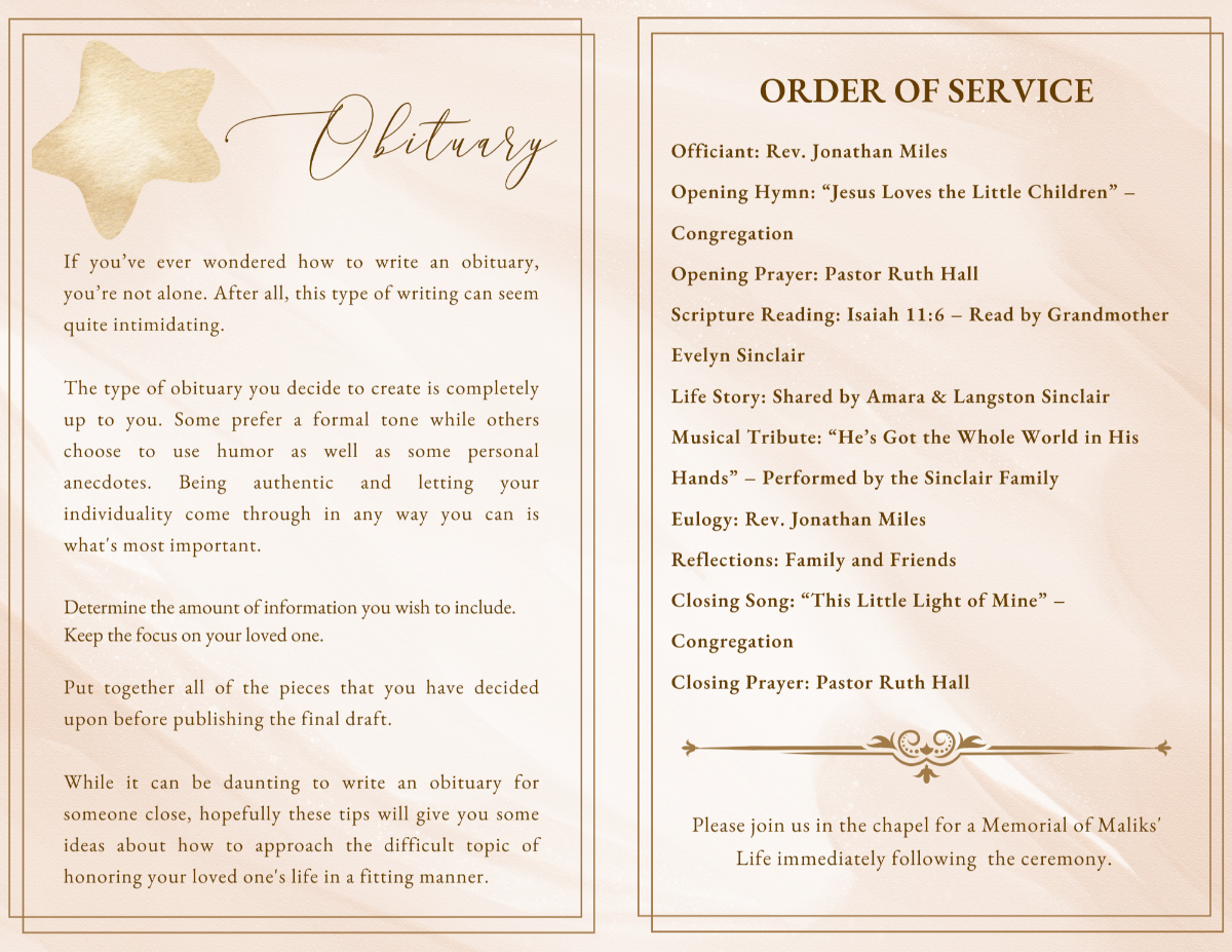 Obituary and Order of Service pages in warm neutral tones with elegant gold headings and clean, easy-to-read layout.