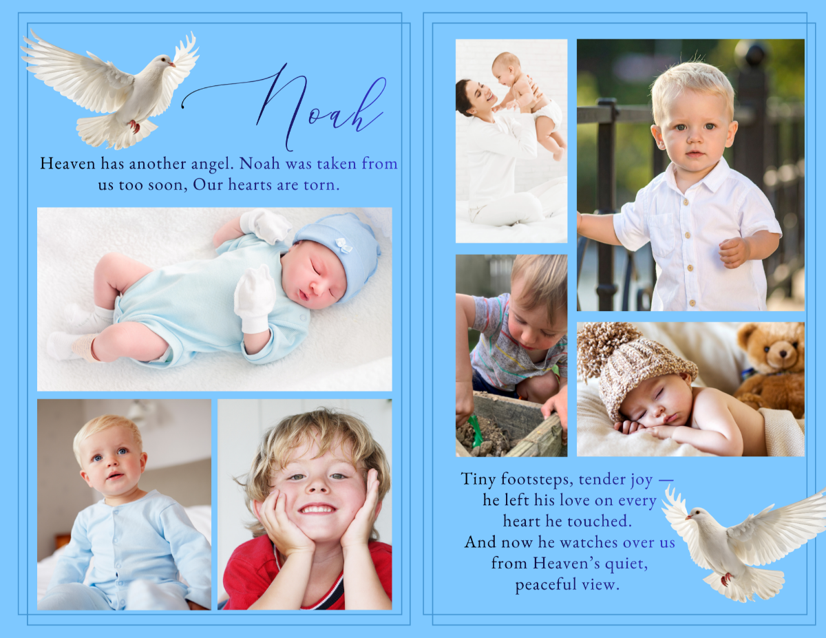 Structured obituary and order of service pages presented in a clean, easy-to-read format with subtle heavenly elements throughout.