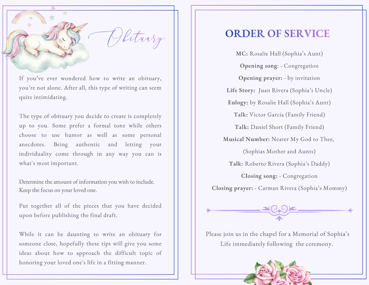 Obituary and order of service pages with gentle typography, structured layout, and soft pastel accents.