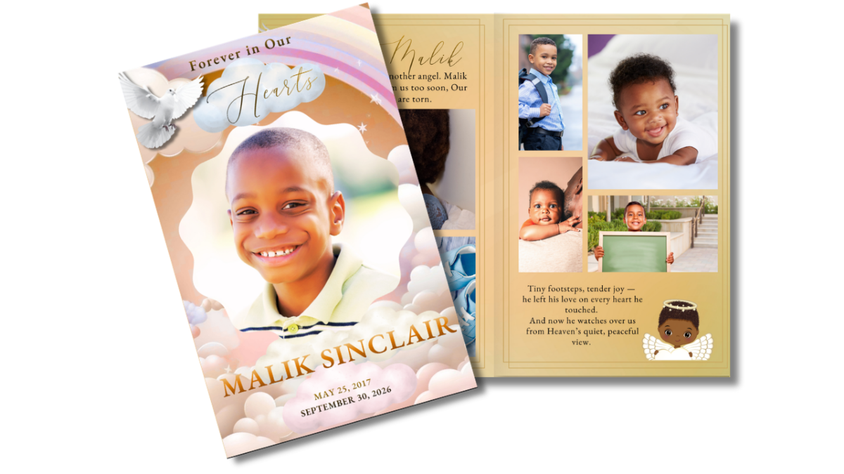 Front cover featuring a smiling child surrounded by soft clouds and a rainbow, paired with an open interior layout showing coordinated pages for memories, photos, and tributes.