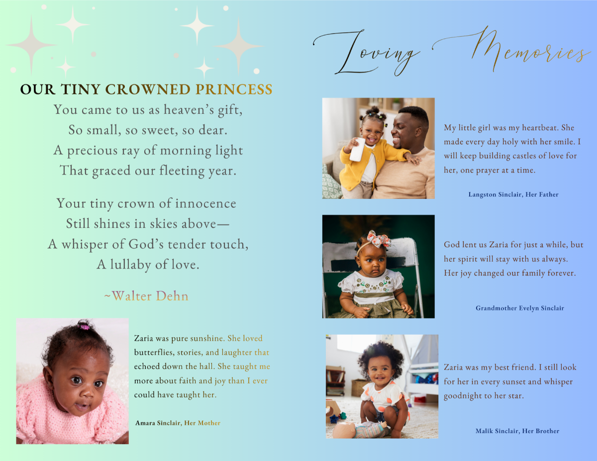 Loving memories page with family photos and tributes paired with a poem page featuring gentle typography and celestial accents.