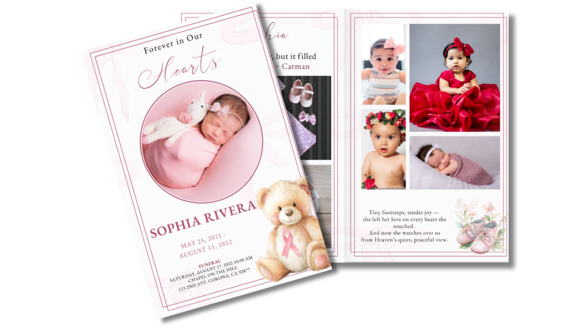 Front cover and interior photo collage pages view of the Soft Baby Blossom funeral program showing the soft pink front cover with newborn portrait and teddy-bear illustration.