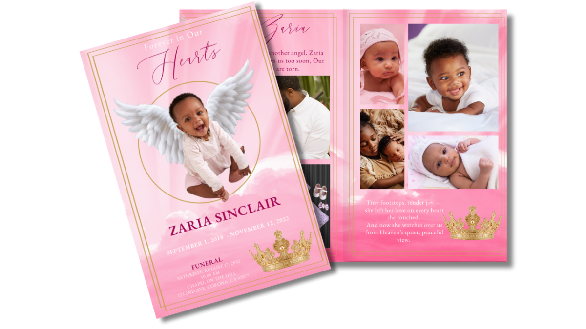Heaven’s Angel Princess - Child funeral program showing the front cover and interior photo collage pages with pink sky, golden crown, and angel wings over a soft cloud background.