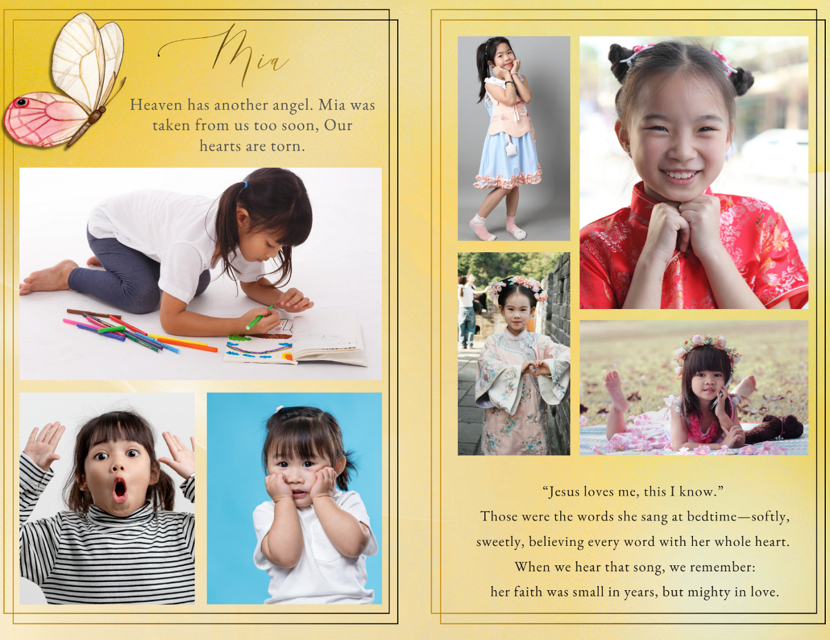 Photo collage pages capturing precious moments from infancy through childhood, arranged in a soft, cohesive layout that beautifully honors her life and the memories held close.