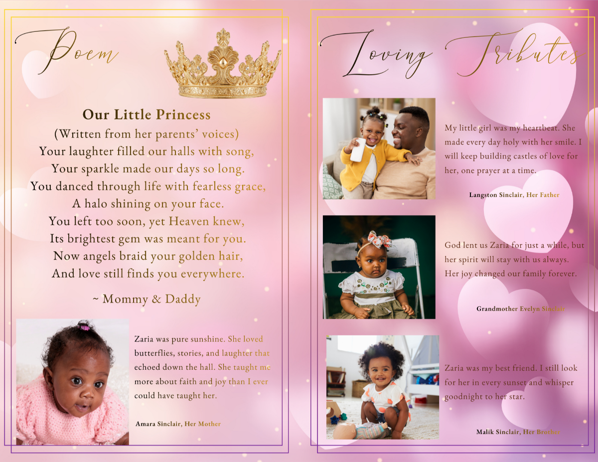 Poem and loving tributes spread with gold crown illustration, heartfelt verses, and family photos displayed on a gentle pink and lavender watercolor background.