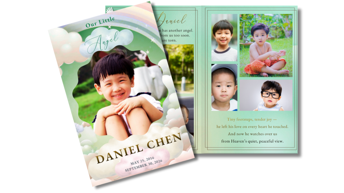 Front cover featuring a smiling child surrounded by soft clouds and a rainbow, paired with an open interior layout showing coordinated pages for memories, photos, and tributes.