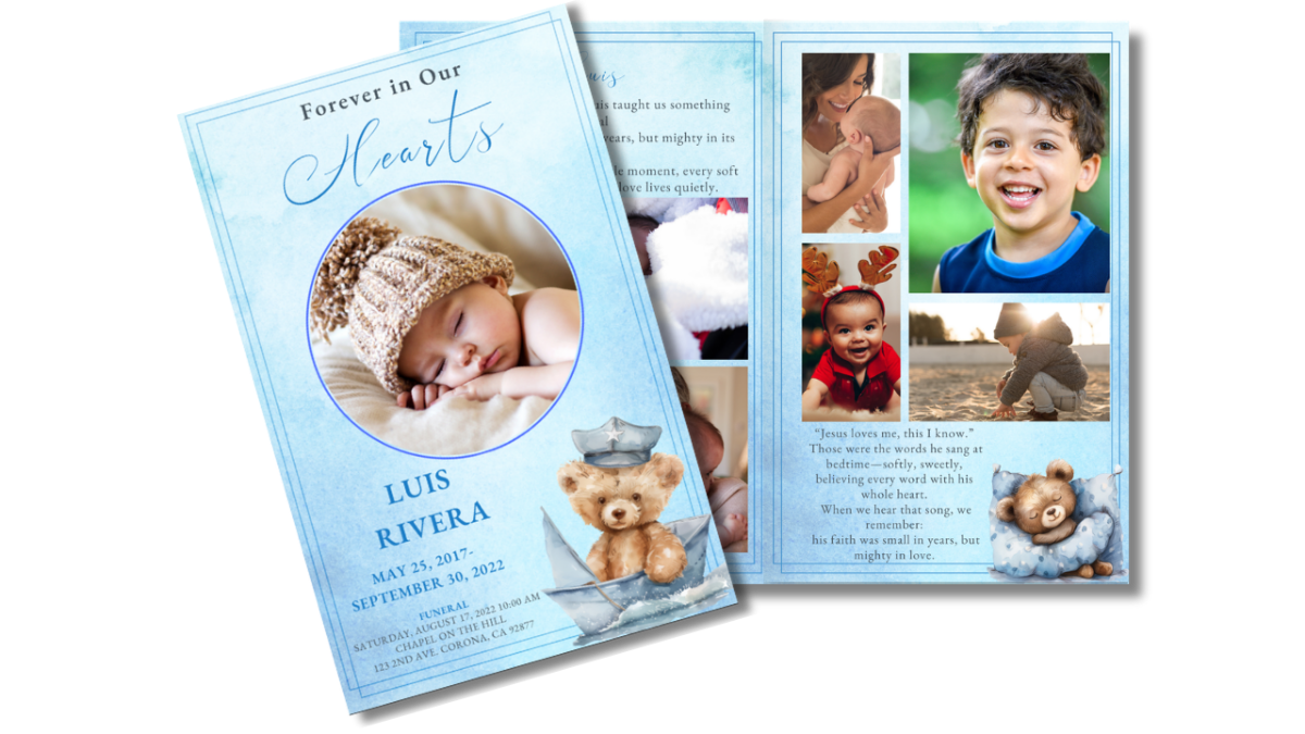 Program open cover layout showing thank-you page and memorial poem with watercolor teddy bear illustrations, funeral details section, and soft blue background.