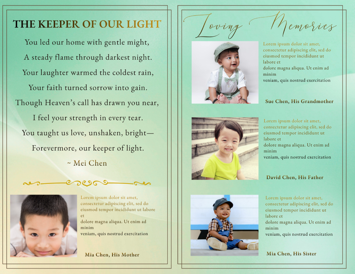 Pages featuring a heartfelt poem alongside loving memories and family tributes, designed to reflect the child’s joyful spirit and the love they brought into every moment.