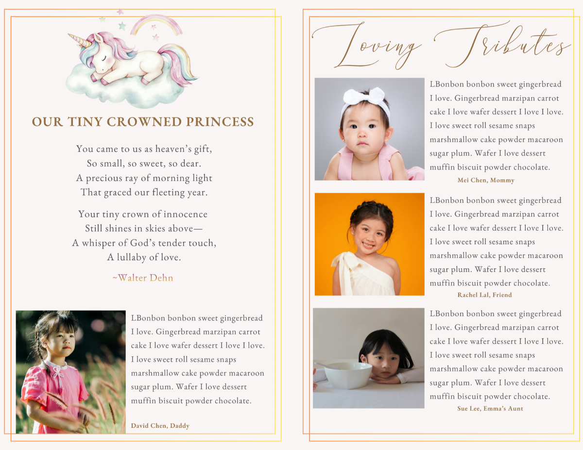 Loving memories page with photos and heartfelt tributes paired with a poem page featuring gentle typography and a soft, comforting design.