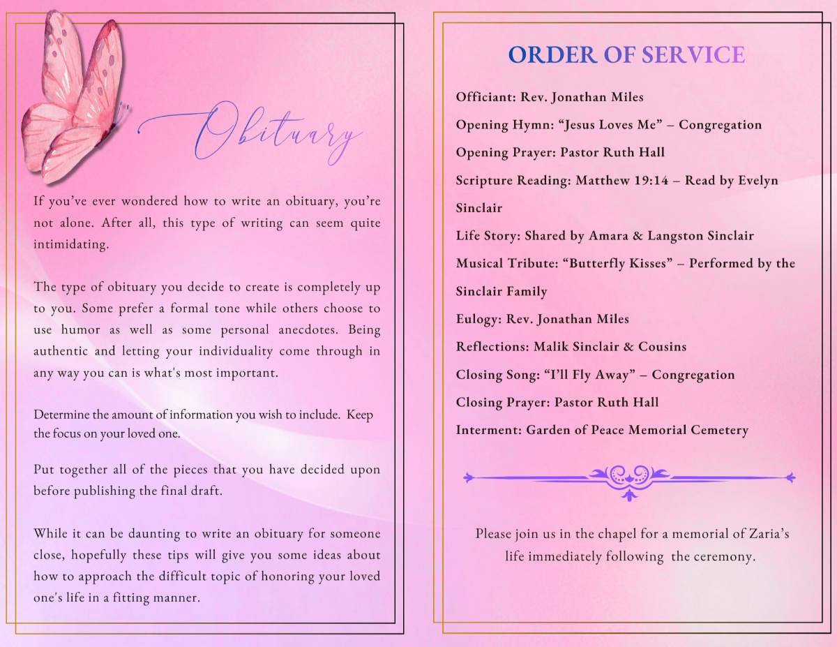Interior pages displaying obituary text and order of service, styled with soft pink tones and gentle spacing for a calm, comforting reading experience.