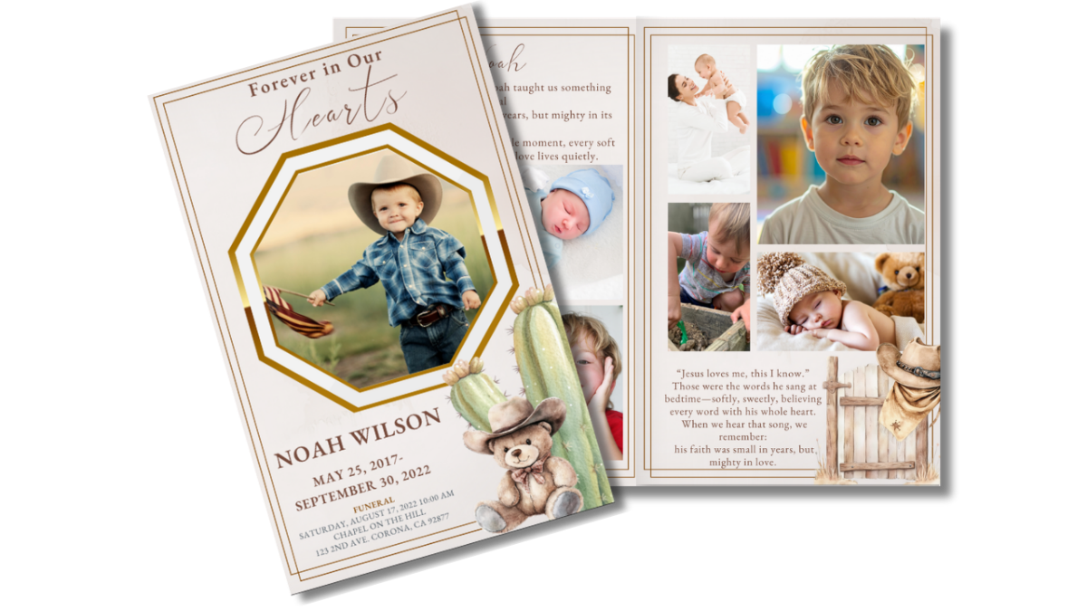 Front cover displayed beside open interior pages, showing the young cowboy portrait framed in gold next to coordinated collage, life stories, and Western-themed decorative elements.