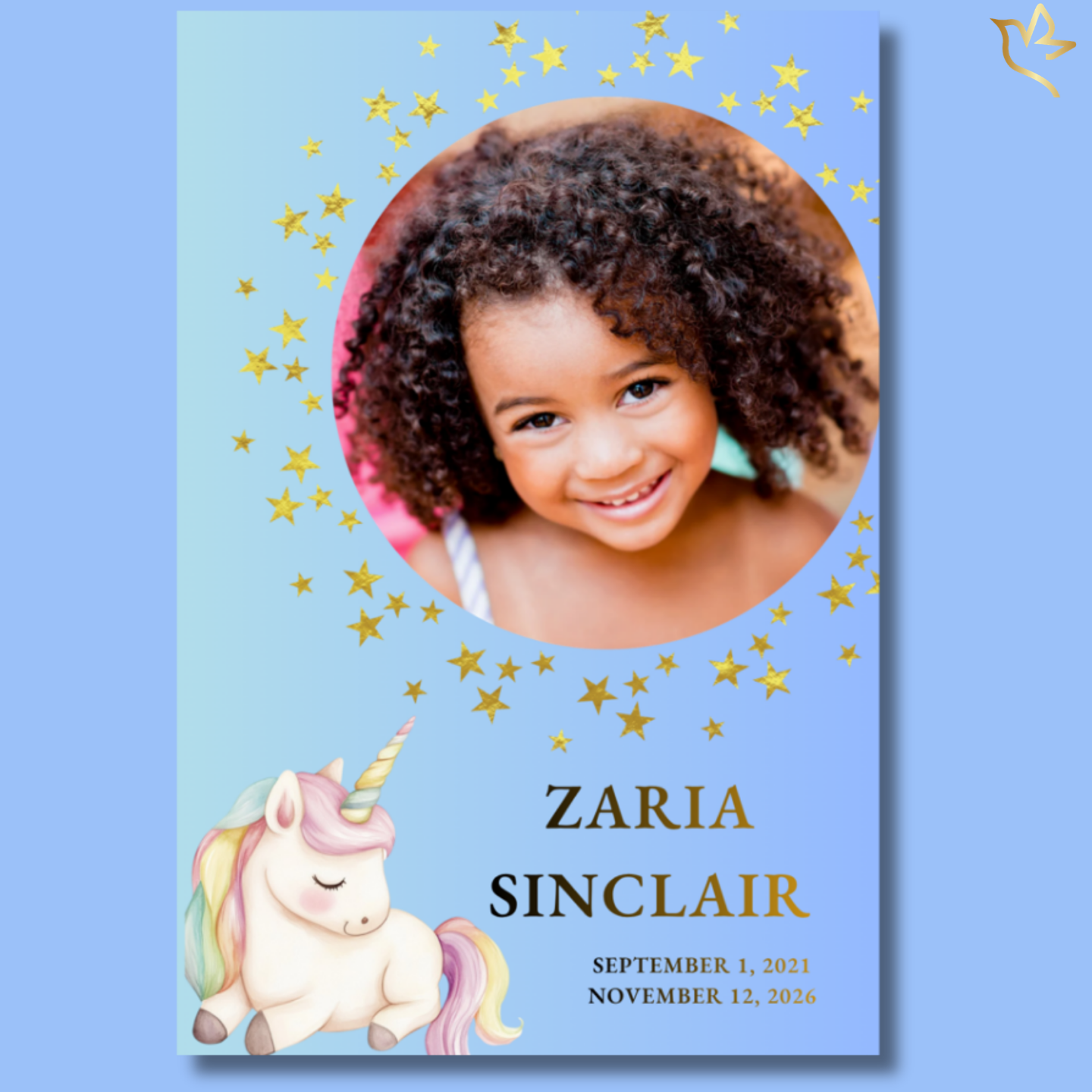 Children’s funeral program cover featuring a soft blue and green gradient background, smiling child portrait in a circular frame with gold stars, and a gentle unicorn illustration.