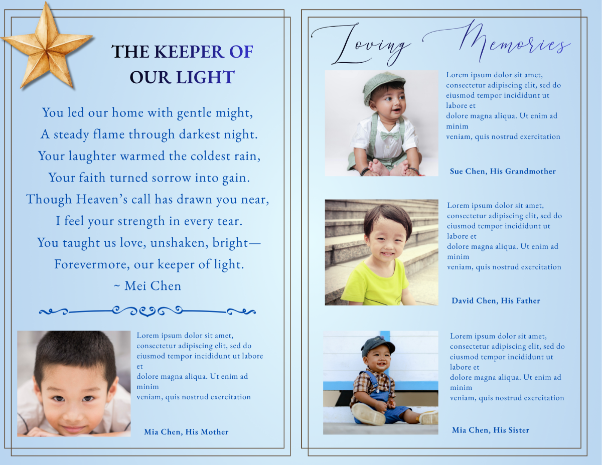 Interior pages featuring a heartfelt poem and loving memories section, with calming colors and a peaceful, reflective layout.