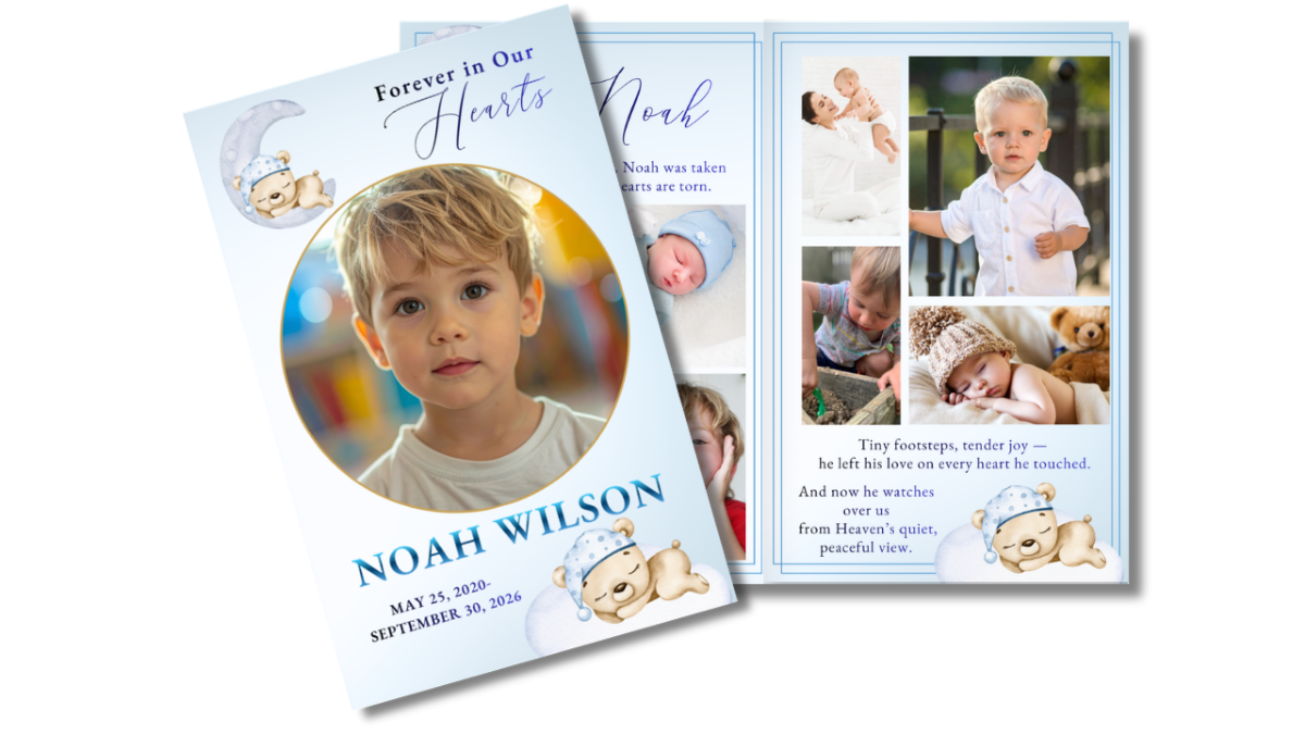 Front cover featuring a young boy’s portrait with soft teddy bear accents alongside an open interior spread showing photos and heartfelt content in a gentle, child-focused design.
