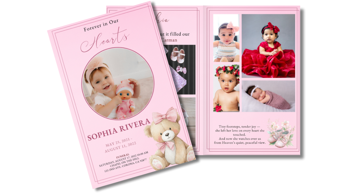 Open cover view of the Pink Angel Grace funeral program showing the soft pink front cover with portrait and teddy-bear artwork alongside the interior thank-you and tribute page.