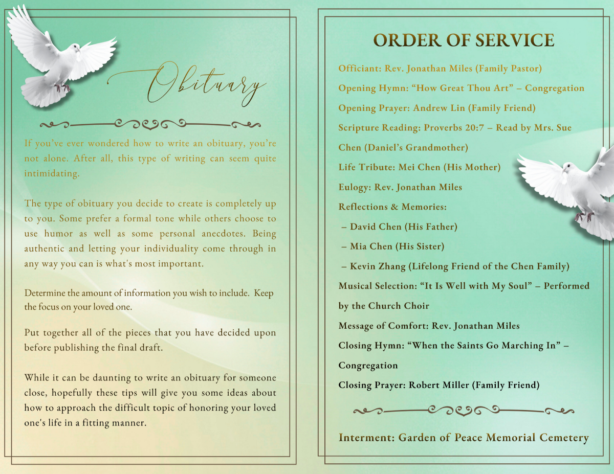 Interior pages displaying obituary text and order of service, styled with soft gradients and gentle spacing for a calm, comforting reading experience.