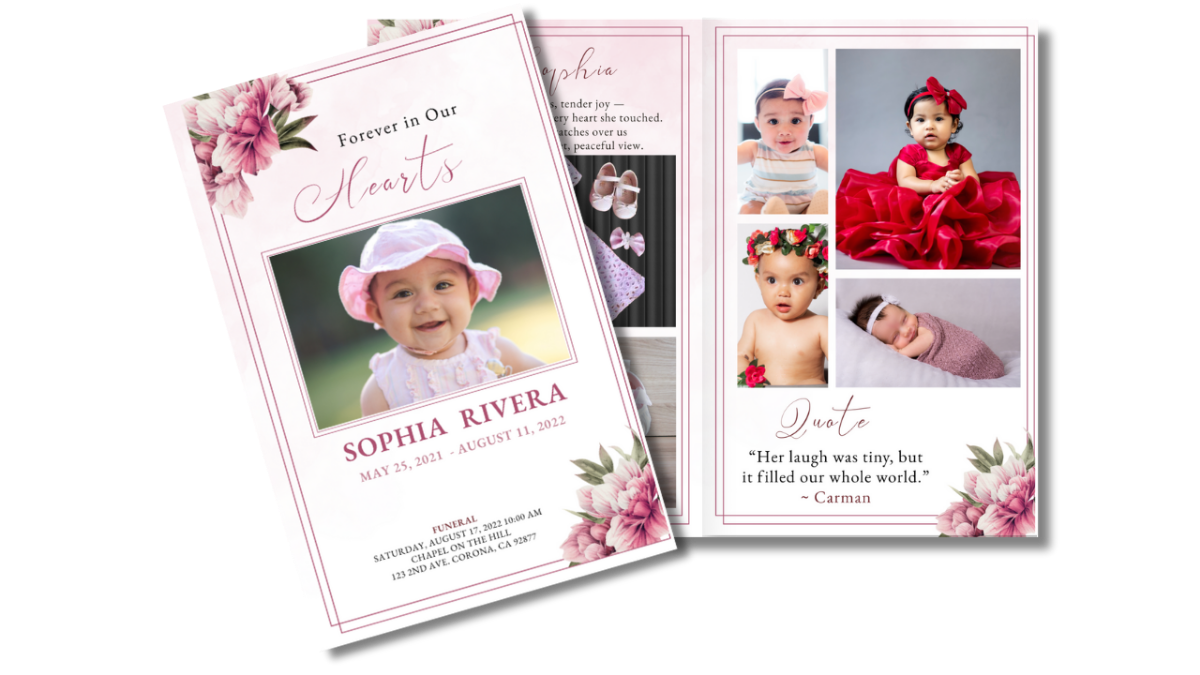 Front cover and interior photo collage pages view of the Pretty Peonies child funeral program with pink peonies and framed portrait alongside the photo layout..