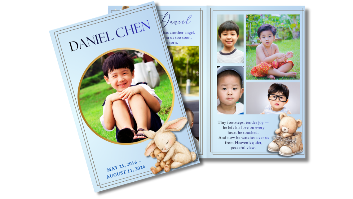 Front cover featuring a young boy in a soft circular frame alongside an open layout displaying childhood photos and memories in a gentle, comforting design.