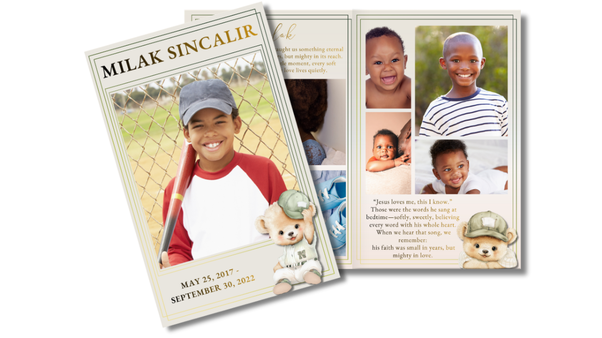 Front cover featuring a smiling young ball player with baseball elements, alongside an open interior layout showing coordinated pages for service details and memories.