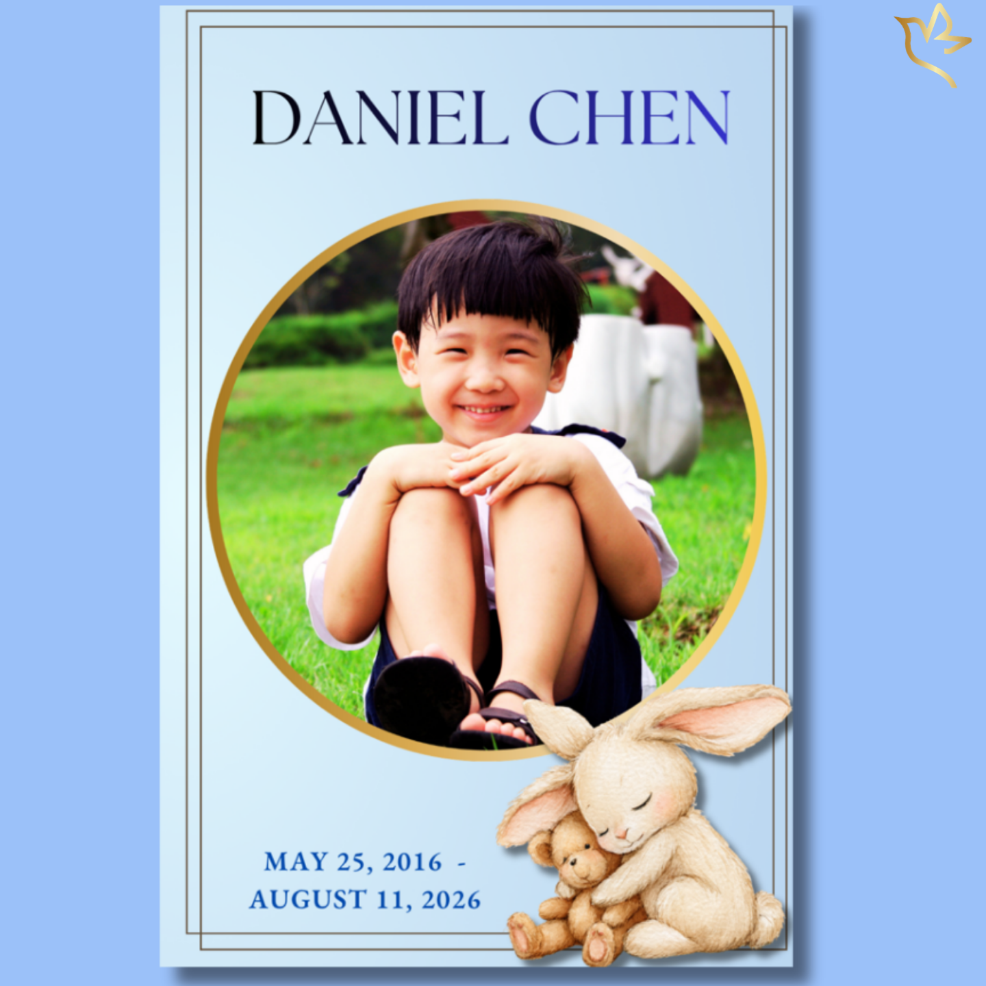 A smiling young boy framed in a soft circular portrait, surrounded by gentle blue tones, delicate gold accents, and a tender illustration of a resting bunny, creating a peaceful and comforting child memorial design.