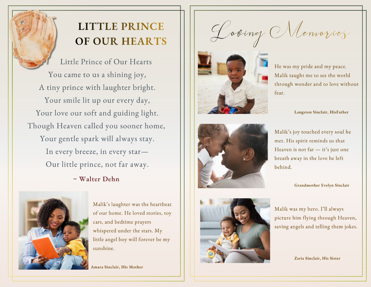 Pages featuring a heartfelt poem and family tributes, designed to honor a life full of joy, innocence, and love.