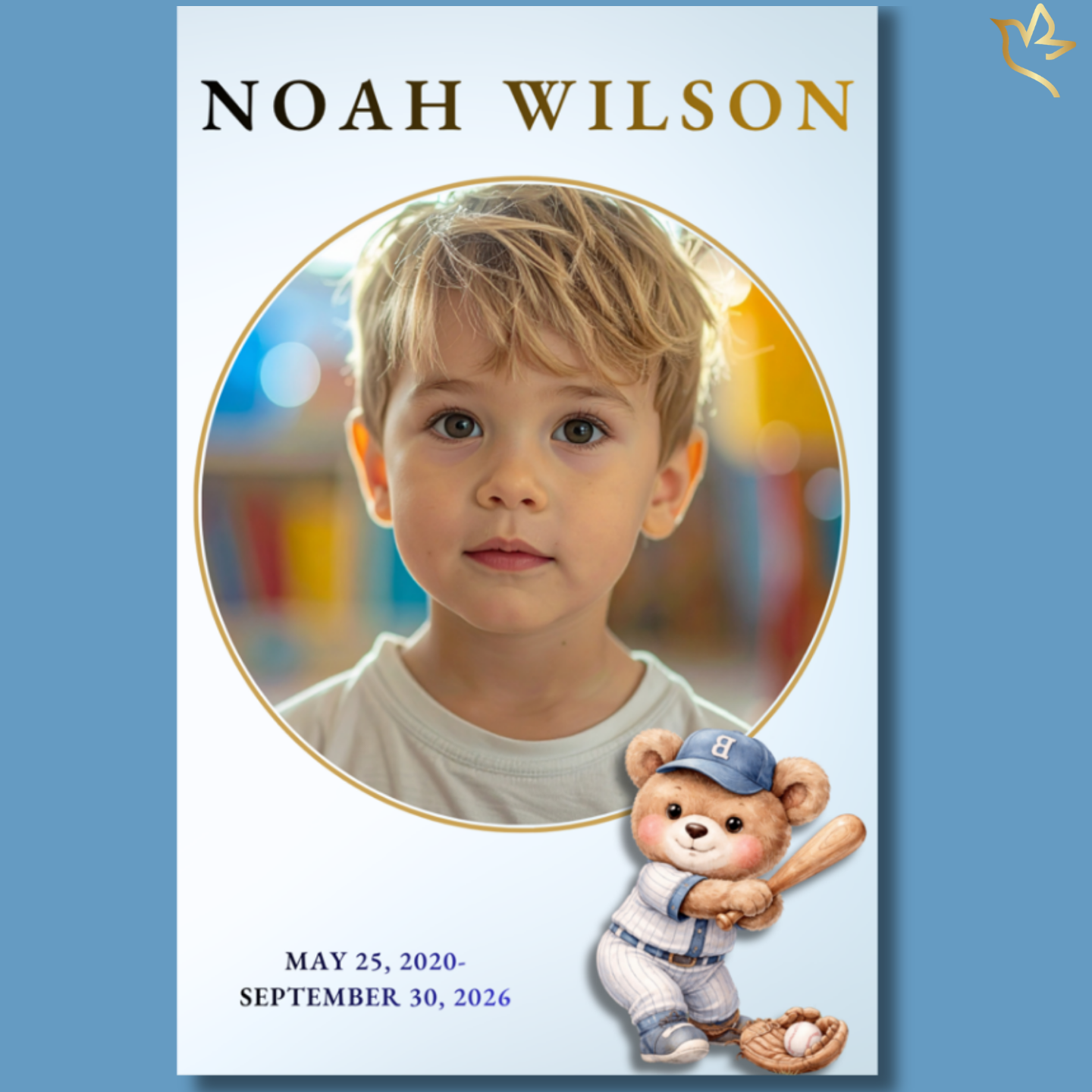 A tender portrait of a young boy framed in soft blue tones, paired with gentle baseball-inspired details and a sweet teddy bear holding a bat—symbolizing innocence, love, and the treasured joy of childhood.