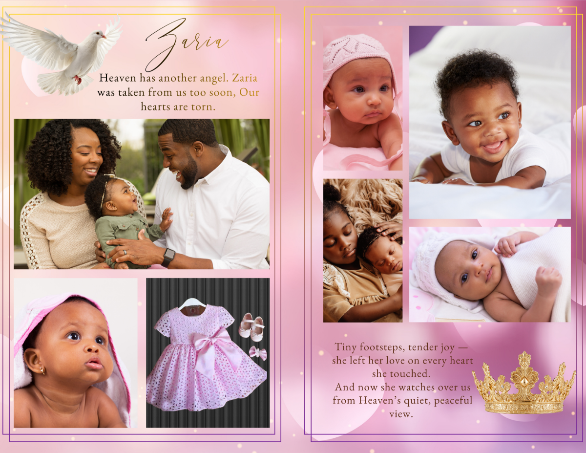 Interior photo collage layout featuring baby portraits arranged against a soft pink and lavender background with gold borders and subtle glowing heart accents.