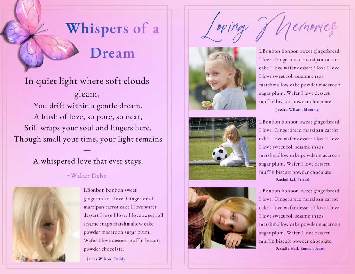 Pages featuring a heartfelt poem alongside written tributes, designed to reflect her sweetness, innocence, and the love she shared.