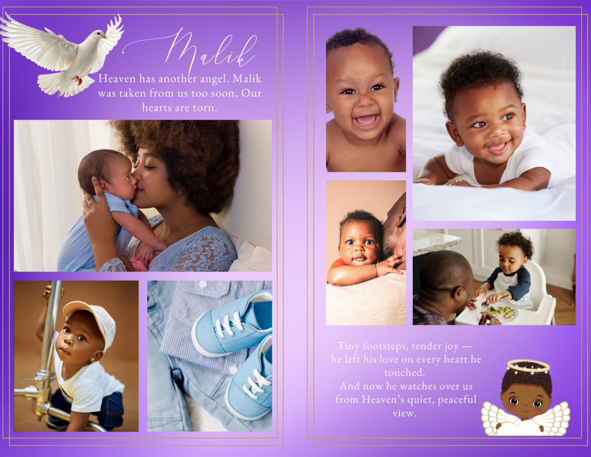 Photo collage tribute spread displaying baby portraits and family moments arranged in soft framed layouts with the peaceful purple and gold heavenly theme.