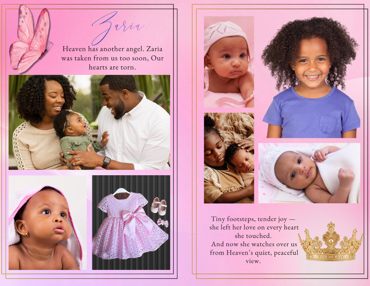 Photo collage pages capturing moments from infancy through early childhood, arranged in a soft, cohesive layout that beautifully honors her life, personality, and cherished memories.