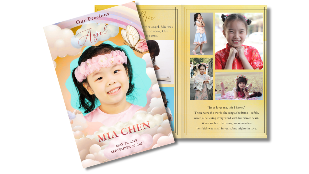 Front cover featuring a smiling child surrounded by soft clouds and a rainbow, paired with an open interior layout showing coordinated pages for memories, photos, and tributes.