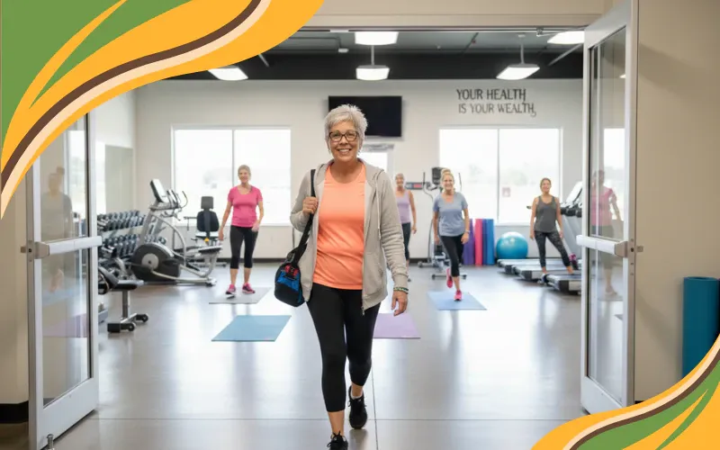 a mature lady leaving the gym with a bag over her shoulder