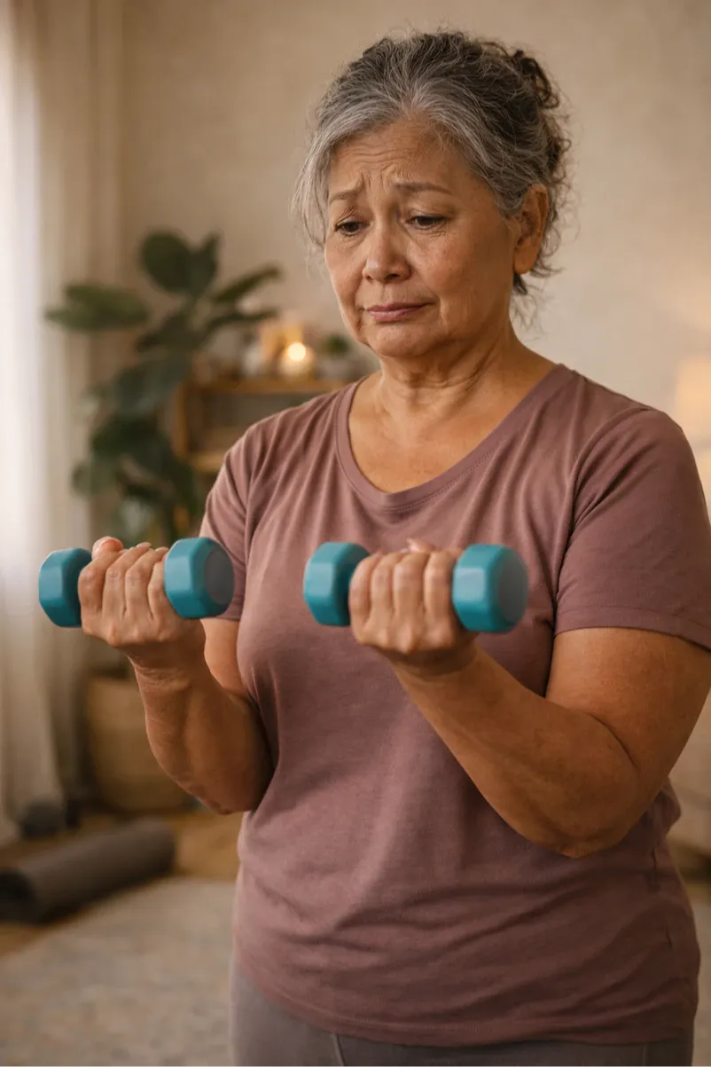 lady in a brown shirt, with grey hair, looking worried as she looks at hand weights