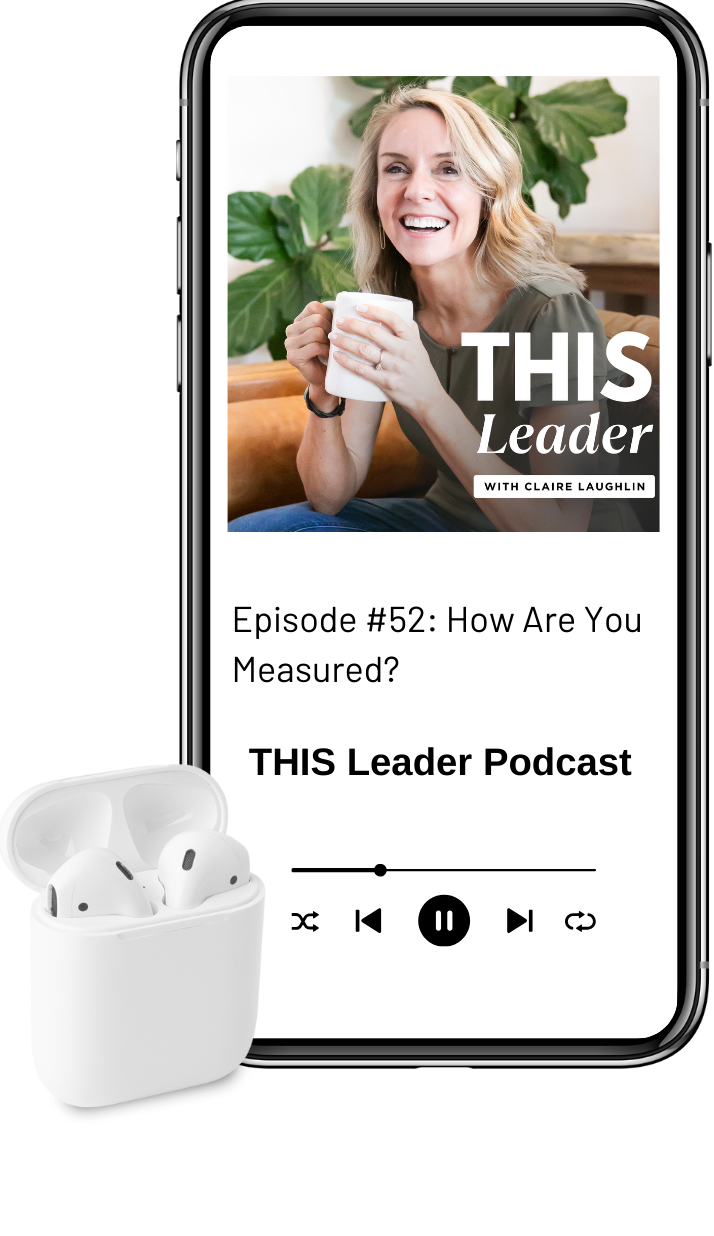 Mock up of podcast episode on phone with air pods Episode #52 "How Are You Measured?" with Podcast cover art