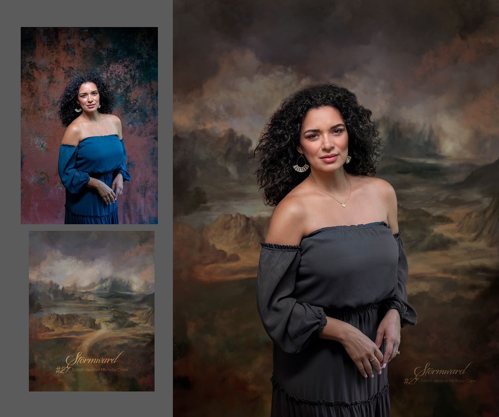 Before and after portrait composite using a Stormward digitally painted background inspired by classical chiaroscuro and designed for fine art photography.