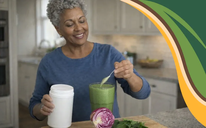 African American woman in her mid-60s adding creatine to a green smoothie in her kitchen, showing a simple, everyday way creatine for women over 50 fits into real life.