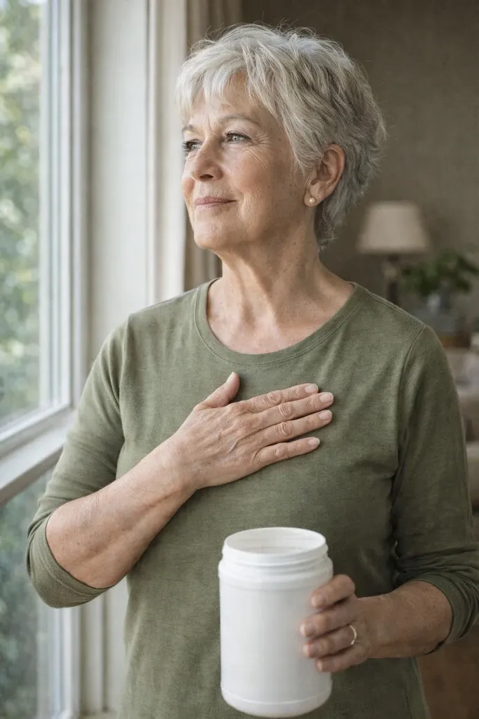 70-year-old woman standing by a window with calm confidence, symbolizing muscle protection, strength, and aging well in everyday life.