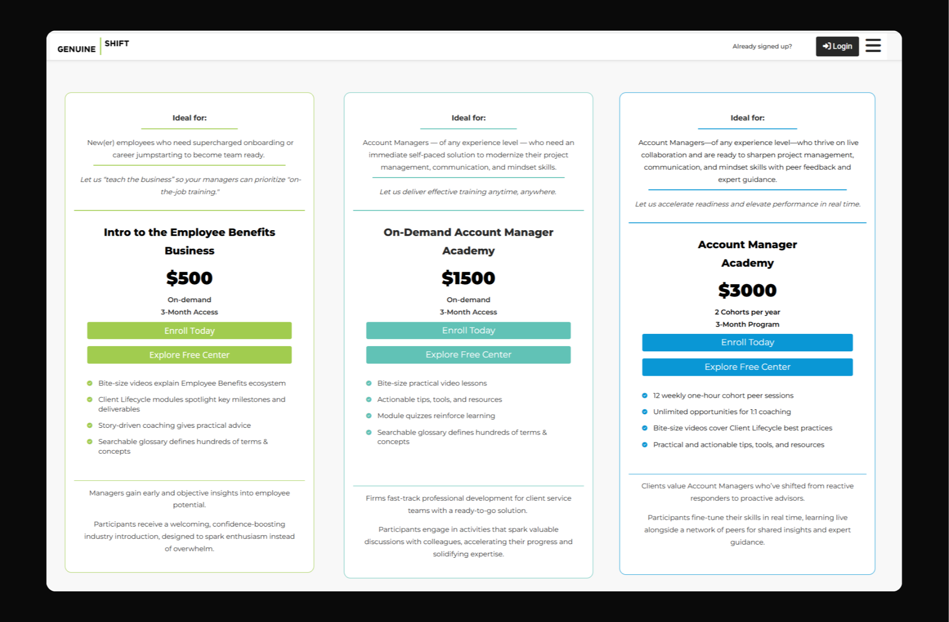 GenuineShift pricing page screenshot with three tiers built by Kajabi Experts Agency for B2B learning platform.