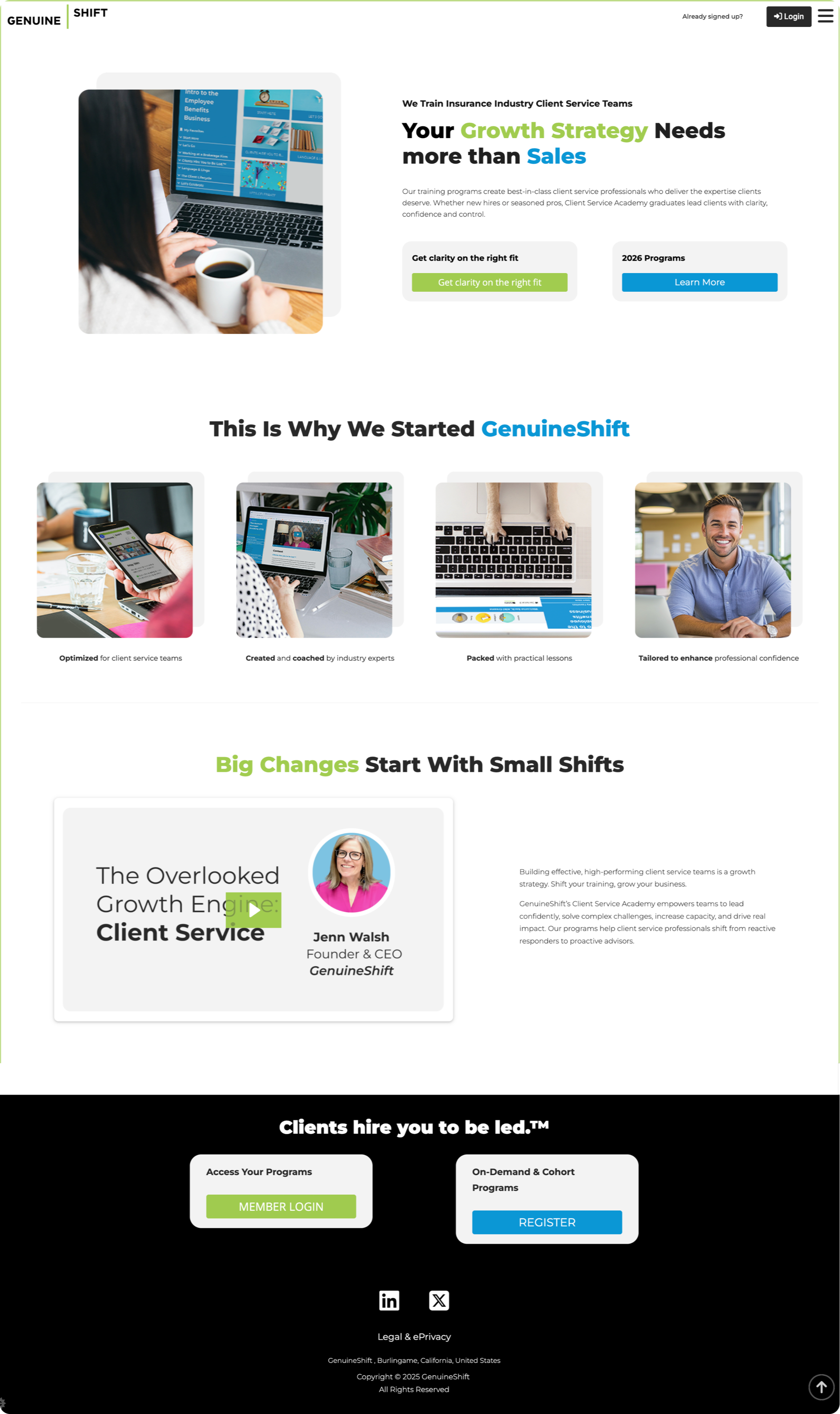 Full-page screenshot of GenuineShift.com lead generation website created by Kajabi Experts Agency, Kajabi B2B Learning Platform