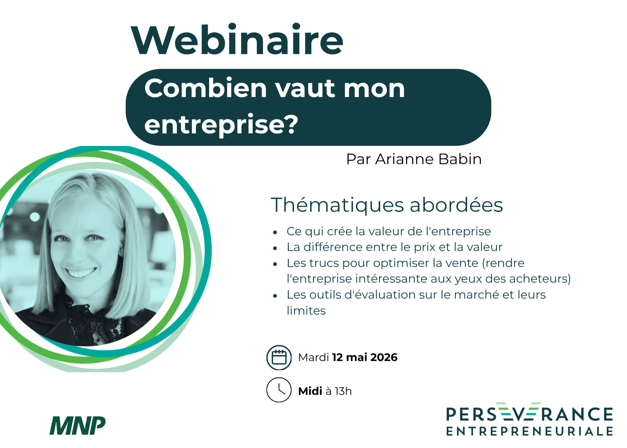 Visuel promotionnel pour le webinaire "Quand la flamme vacille" de Persévérance Entrepreneuriale. Présente Caroline Faucher, coach experte, avec la date (Mardi 18 novembre 2025, Midi) et l'Académie Persévérance. Mot-clé : soutien entrepreneur, épuisement, coaching.