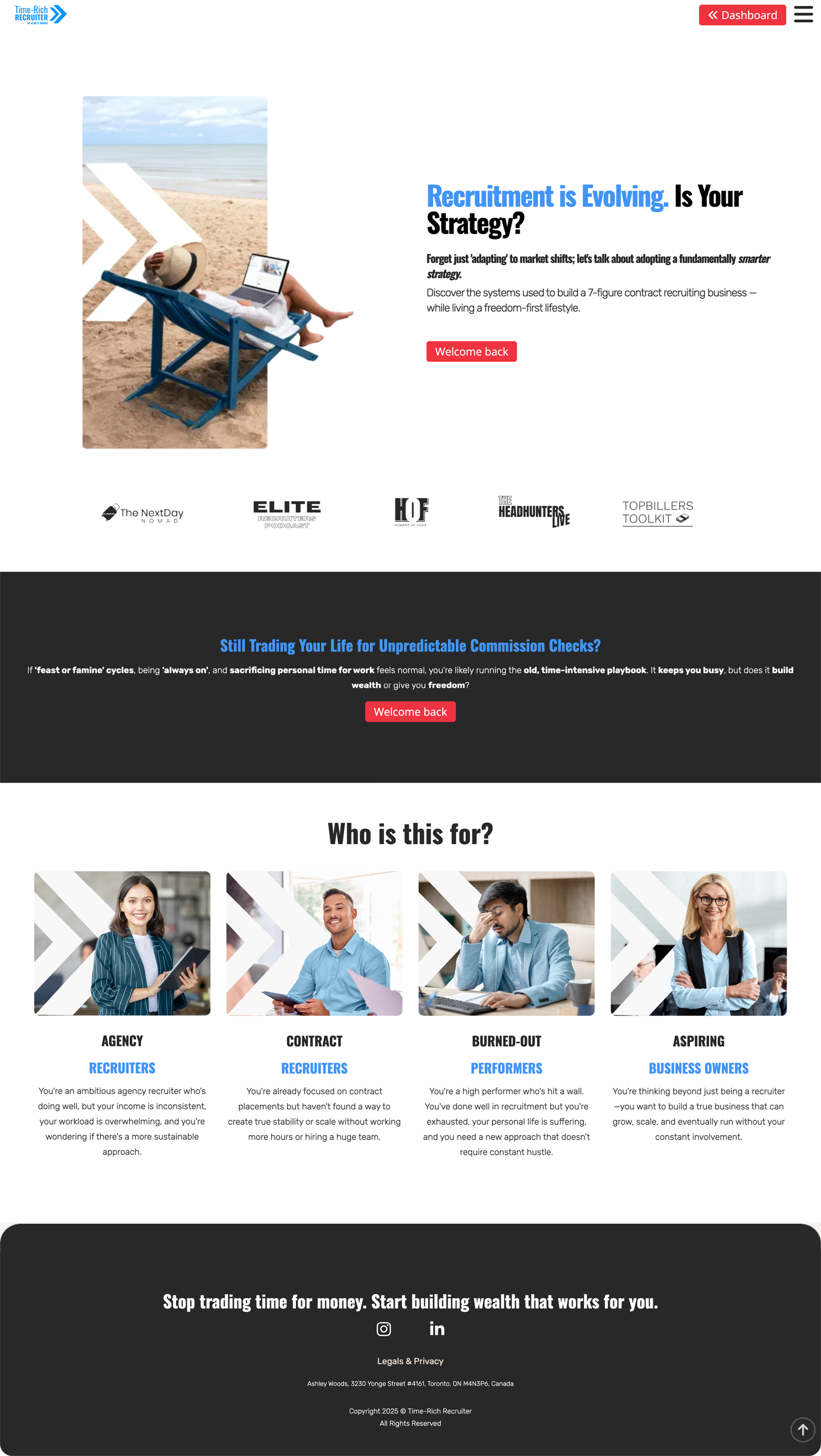 Full-page screenshot of TimeRichRecruiter.com lead generation website created by Kajabi Experts Agency, Kajabi Coaching Platform