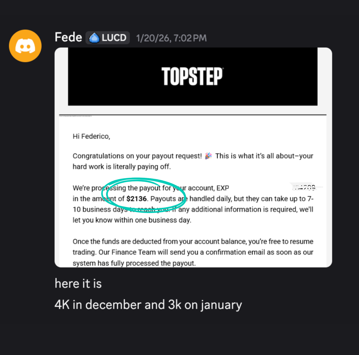 day trading profit showing Topstep payout 