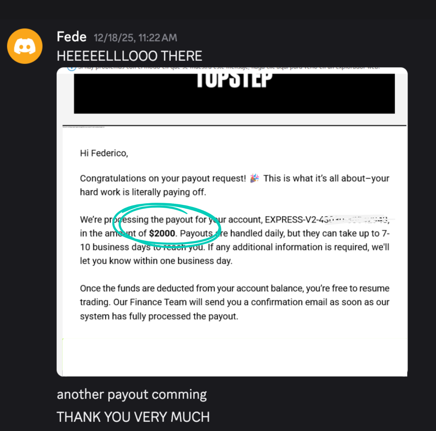 day trading profit showing Topstep payout 