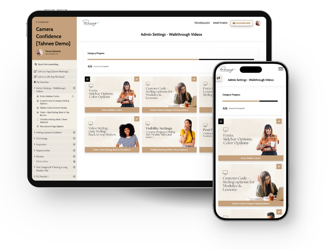 Kajabi Premium Template for a Product Theme - mockup showing the Tahnee theme in neutral color scheme.