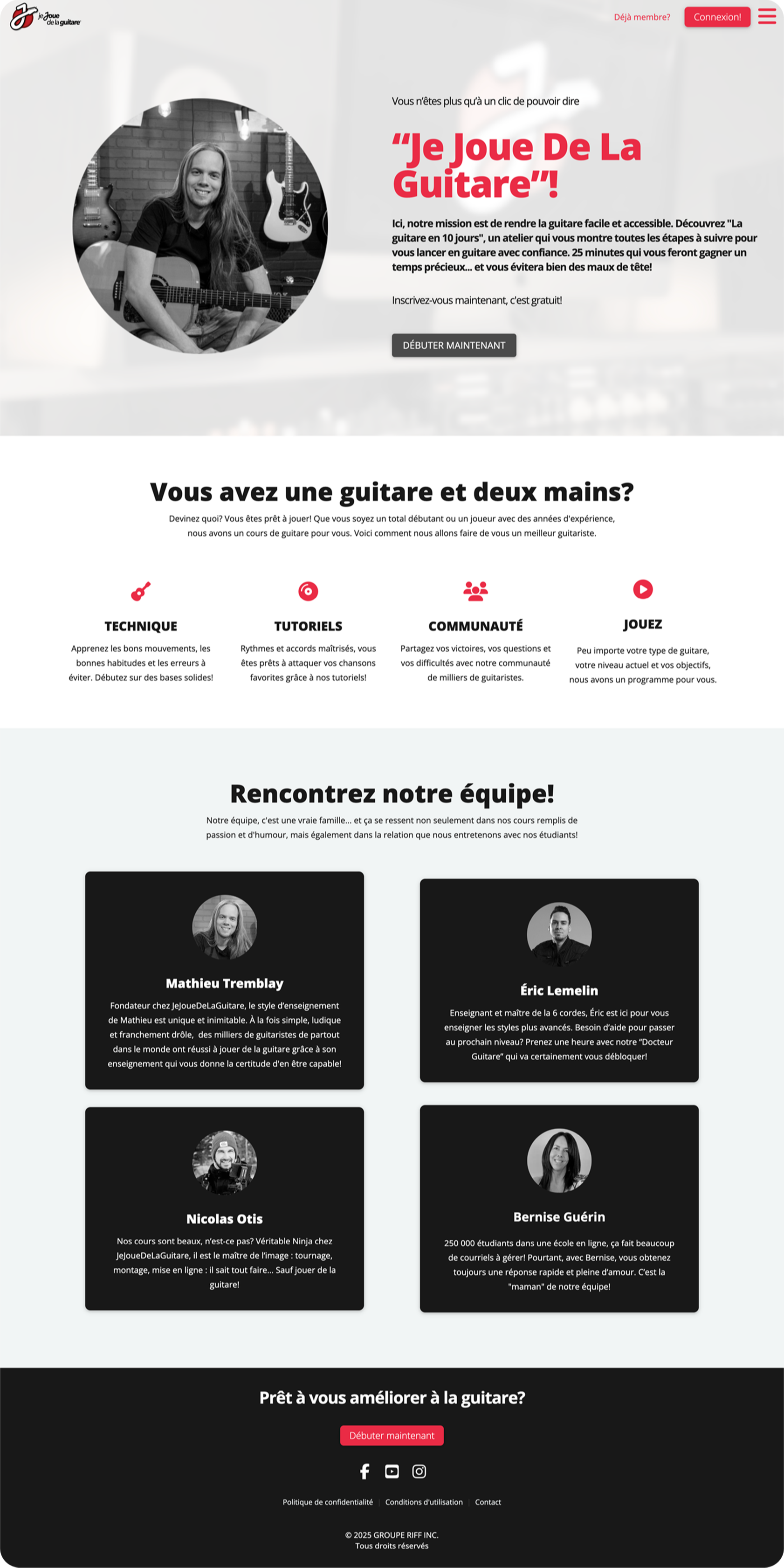 Full-page screenshot of Jejouedelaguitare.com lead generation website created by Kajabi Experts Agency, featuring interactive platform