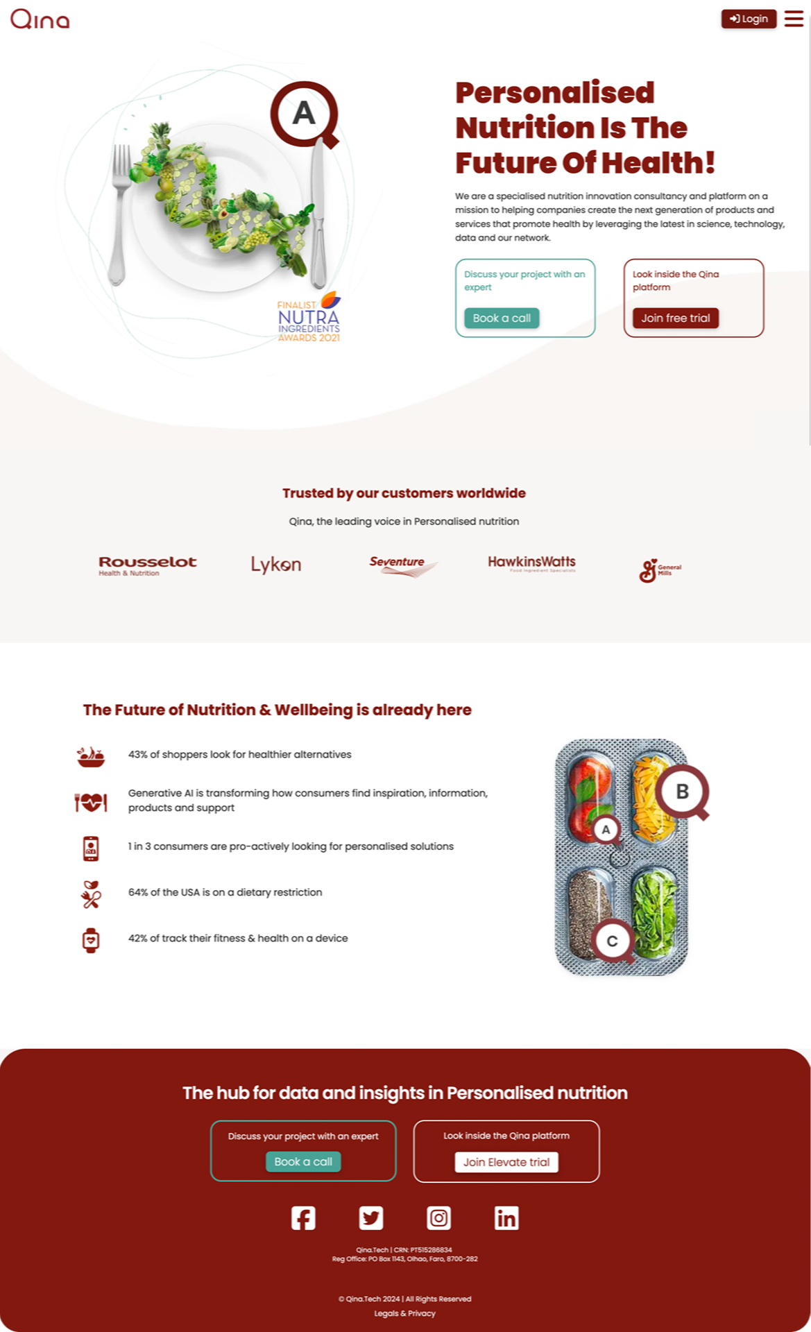 Full-page screenshot of Qina.tech lead generation website created by Kajabi Experts Agency,HealthTech Platform