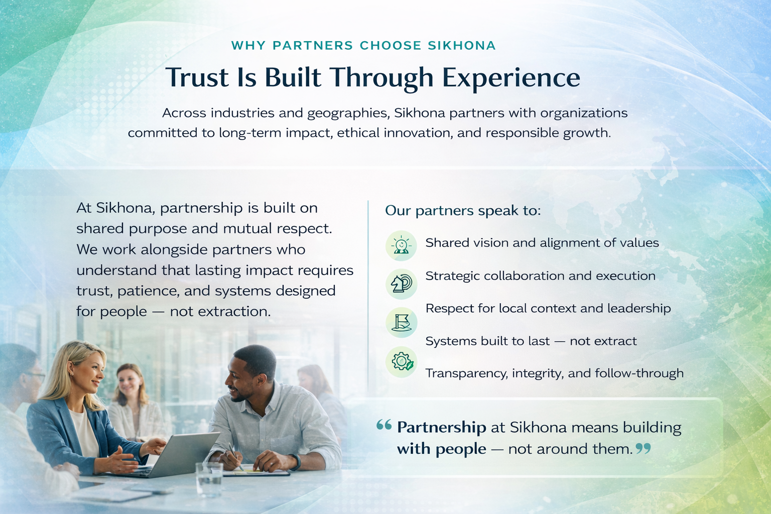 Poster with the headline 'Trust Built Through Experience' and a list of statements from partners highlighting reliability, collaboration, and proven expertise.
