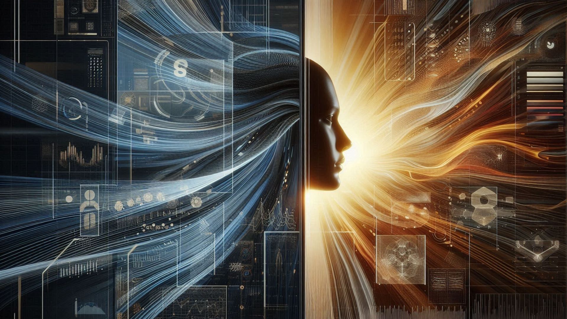 A profile silhouette of a human head with data streams flowing from it, split between blue digital information on the left and warm, glowing energy on the right.