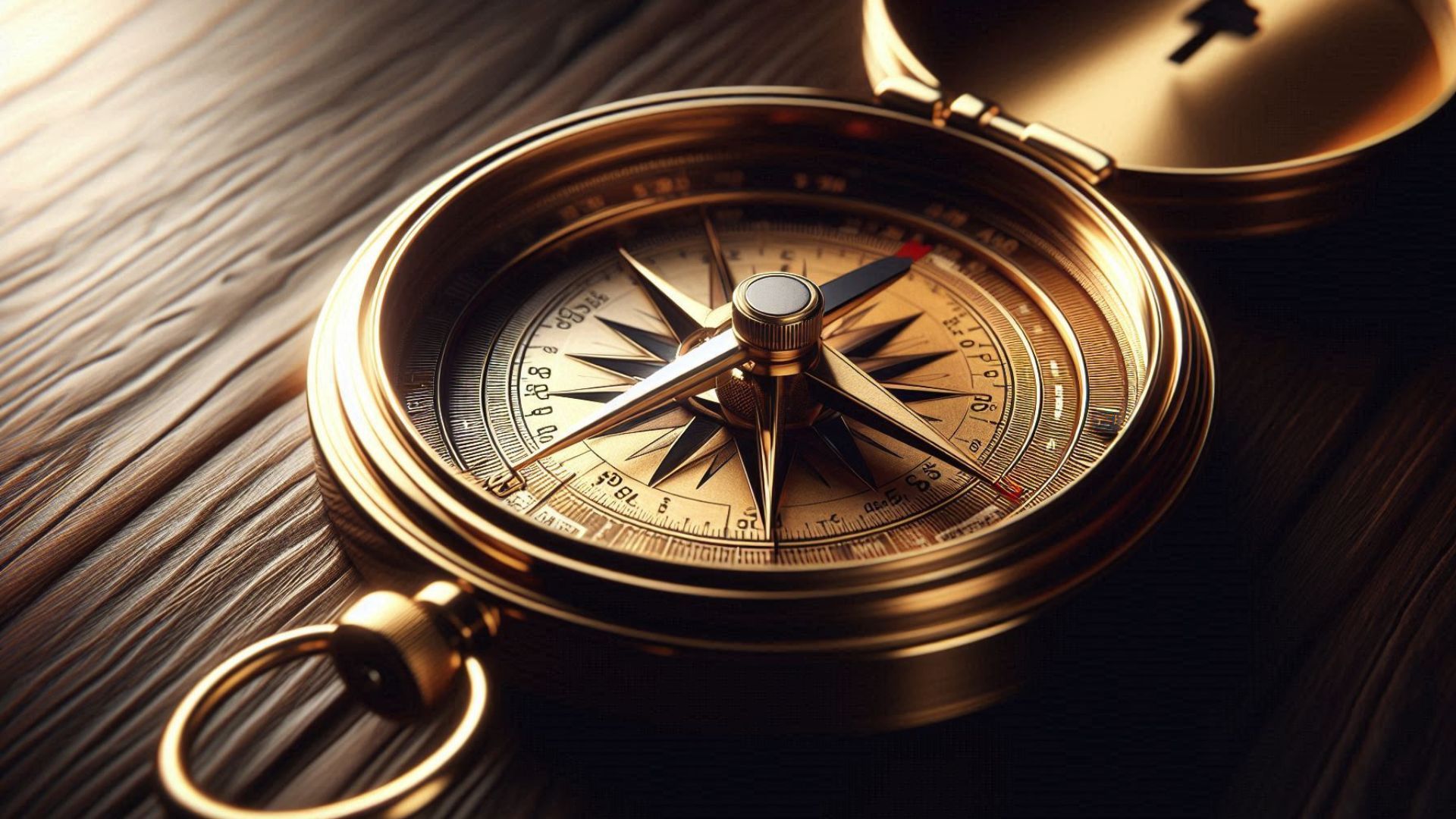 A close-up of a golden compass with a visible needle pointing north, resting on a wooden surface.